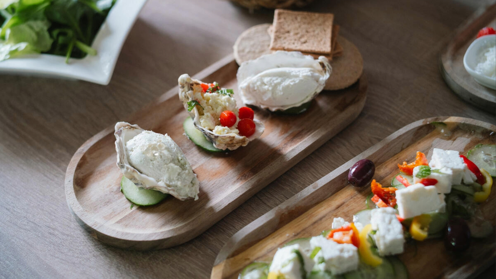 Fresh buffalo mozzarella served on oyster shells with crackers at Macroom Buffalo Farm, County Cork.