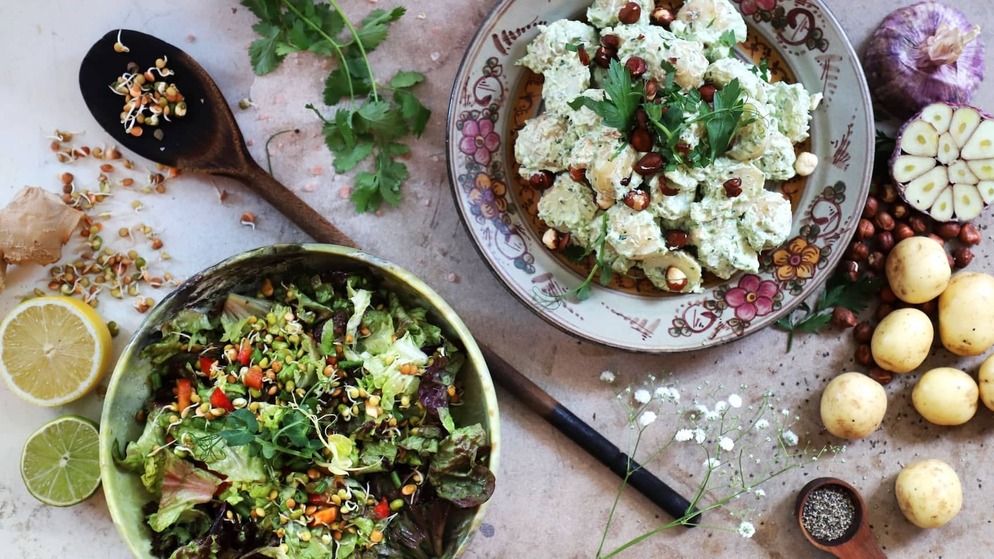 Colourful vegan salads and potato dishes at Cornucopia restaurant in Dublin, made with fresh local ingredients.