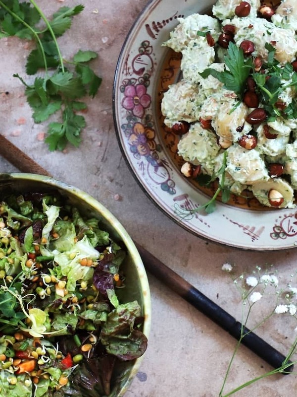 Colourful vegan salads and potato dishes at Cornucopia restaurant in Dublin, made with fresh local ingredients.