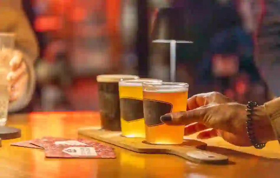 Beer tasting paddle at Franciscan Well Brewery, County Cork, featuring a selection of craft beers.