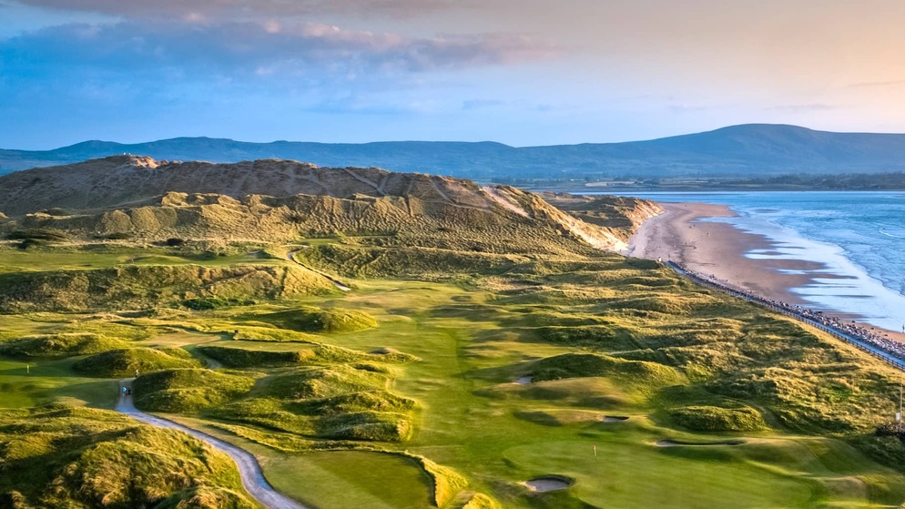 Links fairway winding through coastal dunes at Strandhill Golf Club in County Sligo.