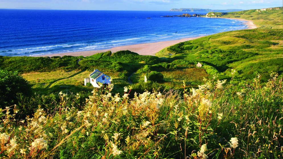 Un petit chalet surplombe le sable doré et les flots bleus de l'Atlantique le long d'une côte verdoyante en été dans le Donegal.