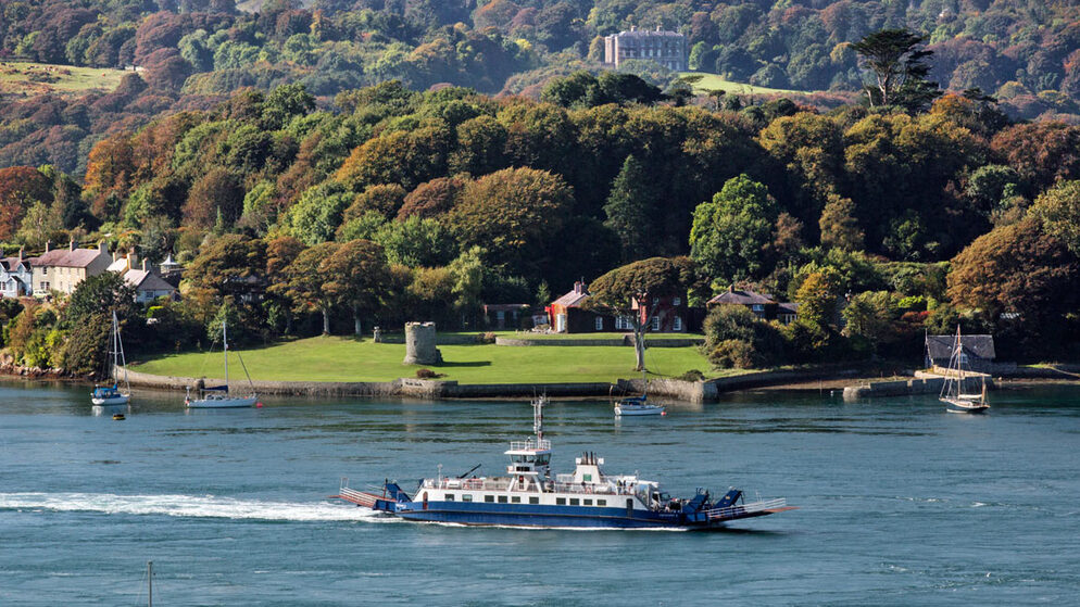 Kleurrijke huizen langs de haven in Portaferry, Ierland, met jachten die aan de kade liggen.